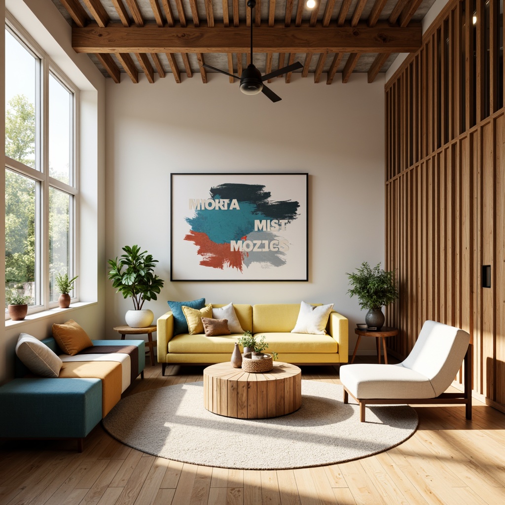 Prompt: Vibrant design studio, modern color scheme, bold typography, sleek furniture, abstract artwork, natural light, wooden accents, earthy tones, calming atmosphere, minimalist decor, pastel hues, soft warm lighting, shallow depth of field, 1/1 composition, realistic textures, ambient occlusion.