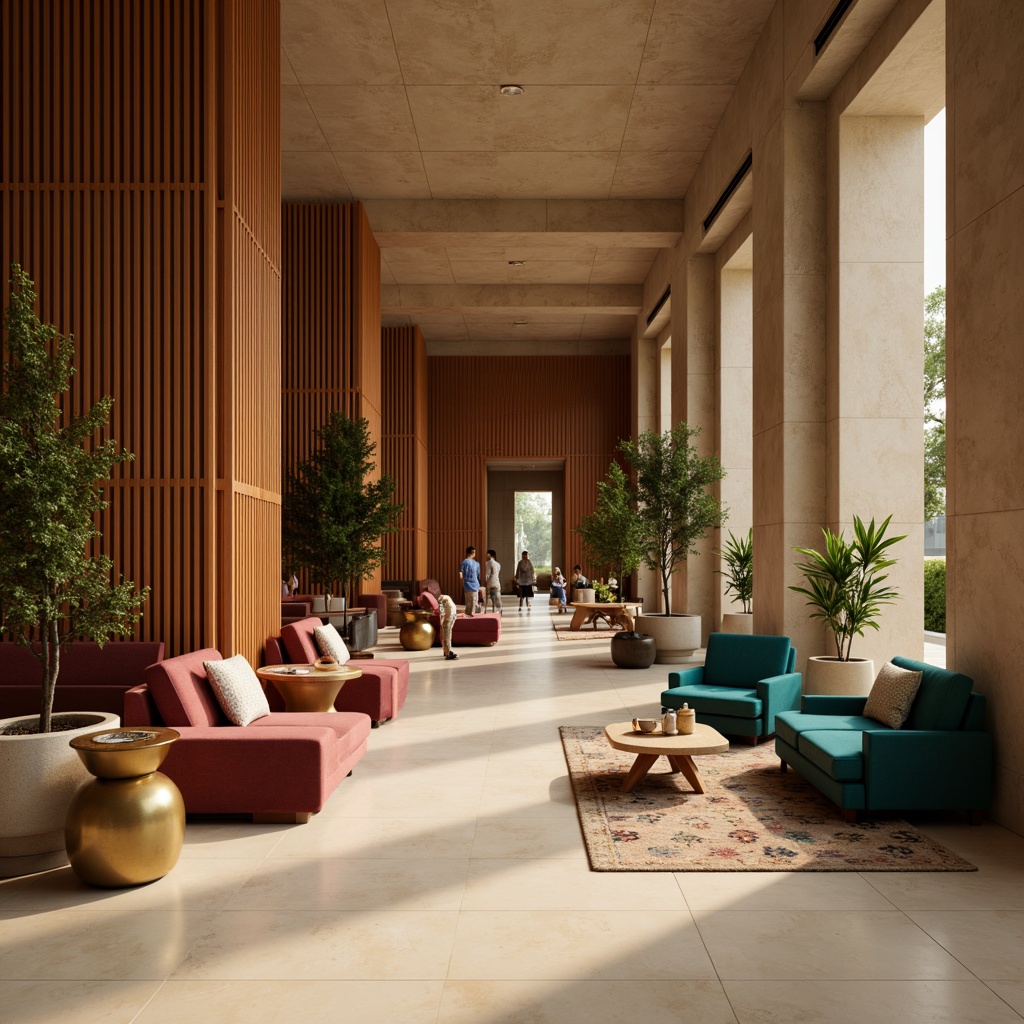 Prompt: Cozy hotel lobby, rich wood accents, warm beige walls, plush velvet sofas, vibrant turquoise armchairs, metallic gold lighting fixtures, soft cream-colored marble floors, lush greenery, natural stone columns, modern minimalist decor, ambient warm lighting, shallow depth of field, 3/4 composition, realistic textures, subtle gradient effects.