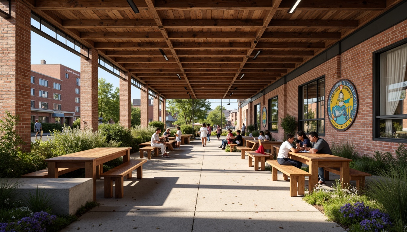 Prompt: Rustic community center, exposed brick walls, wooden accents, industrial metal beams, rough-textured concrete floors, earthy color palette, natural light pouring in, cozy reading nooks, communal tables, wooden benches, vibrant street art, urban landscape, sunny day, warm soft lighting, shallow depth of field, 3/4 composition, panoramic view, realistic textures, ambient occlusion.