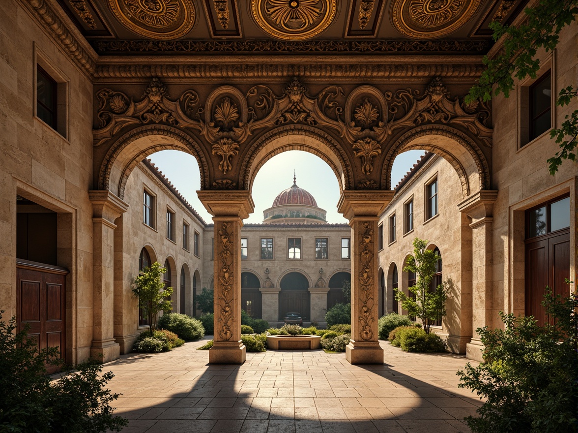 Prompt: Intricate stone carvings, ornate mosaics, golden domes, grand archways, imposing columns, ornamental capitals, detailed frescoes, rustic stone walls, terracotta roofs, ancient ruins, overgrown vegetation, warm afternoon light, soft shadows, high contrast, dramatic composition, symmetrical framing, rich textures, ambient occlusion.