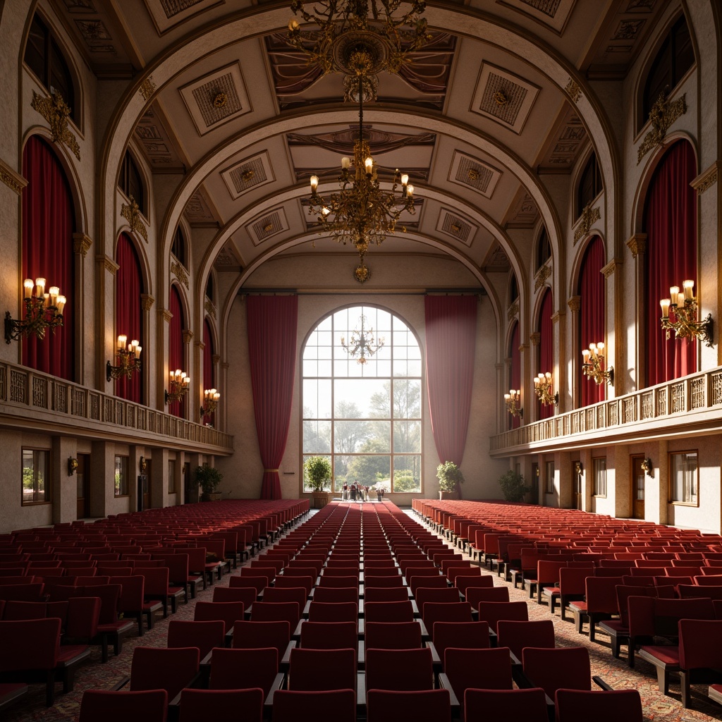 Prompt: Grand auditorium, high ceilings, sweeping arches, ornate chandeliers, plush red seats, velvet curtains, wooden paneling, natural stone walls, floor-to-ceiling windows, abundant daylight, soft warm lighting, diffused shadows, 1/2 composition, atmospheric perspective, realistic textures, subtle color palette, morning sunlight, gentle glow, ambient illumination.