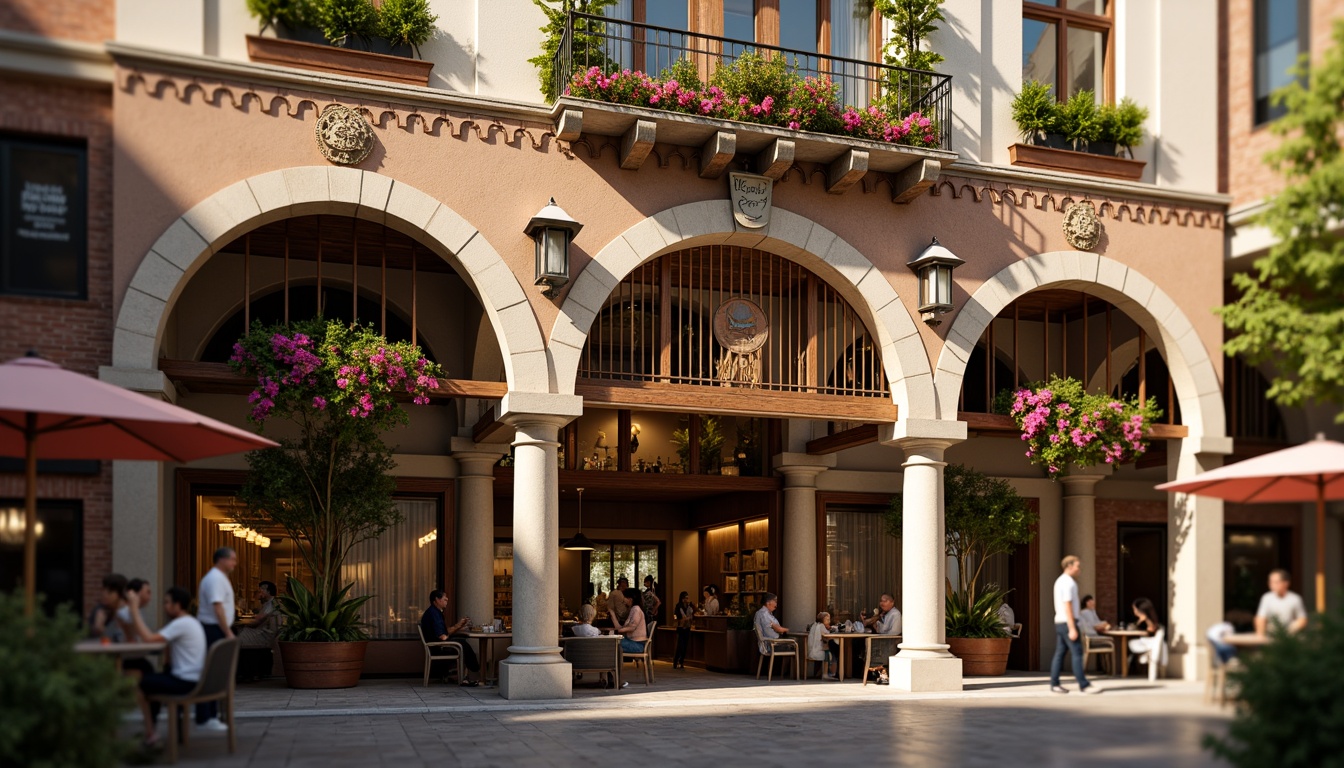 Prompt: Renaissance-inspired market facade, ornate stone carvings, grand arches, intricately decorated columns, warm golden lighting, rustic wooden accents, vibrant flower-patterned awnings, ornamental balconies, curved window frames, distressed brick textures, earthy tone color palette, soft afternoon sunlight, shallow depth of field, 1/1 composition, realistic renderings, ambient occlusion.