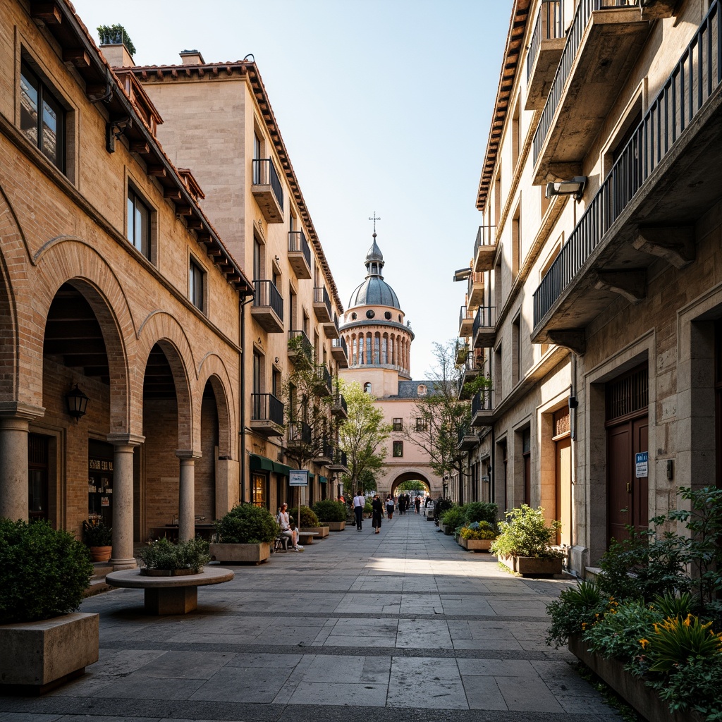 Prompt: Historic city center, ornate Renaissance facades, grand archways, decorative columns, intricately carved stonework, rustic brick walls, glazed terra cotta roofs, vibrant urban gardens, bustling streets, modern streetlights, shallow depth of field, 1/2 composition, warm afternoon sunlight, soft shadows, ambient occlusion, realistic textures.