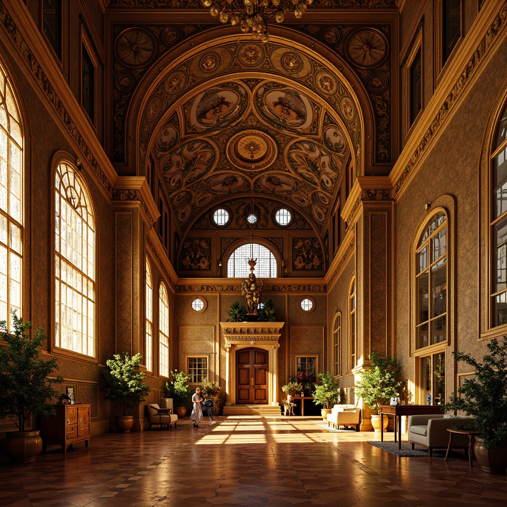 Prompt: Byzantine-style interior, golden mosaics, intricate patterns, ornate details, rich textures, luxurious ambiance, high ceilings, grand arches, ornamental columns, lavish furnishings, jewel-toned color palette, warm soft lighting, 1/1 composition, shallow depth of field, realistic renderings, ambient occlusion.