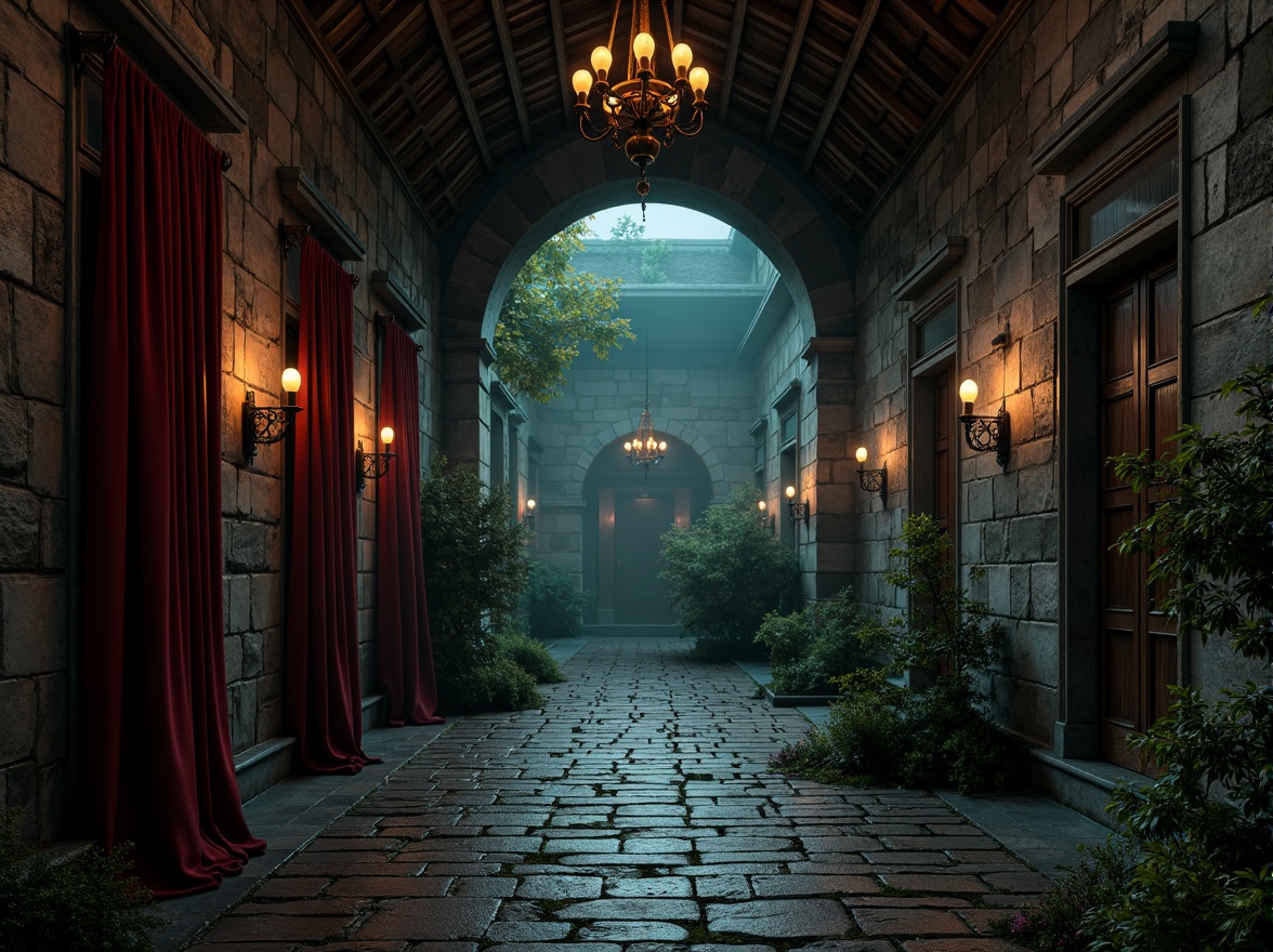 Prompt: Dark mysterious atmosphere, Gothic arches, medieval stone walls, dramatic lighting, ominous shadows, rich luxurious fabrics, deep crimson reds, midnight blues, eerie greens, metallic gold accents, weathered copper details, ancient moss-covered stones, misty foggy evenings, high contrast ratios, cinematic composition, intense focal points, detailed textures, ambient occlusion.