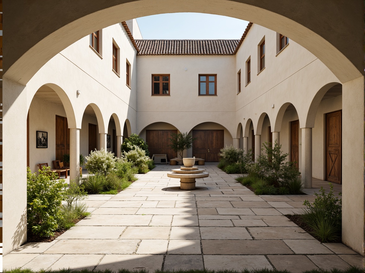 Prompt: Simple monastery courtyard, stone pavement, sparse greenery, minimalist benches, rustic wooden doors, arched windows, vaulted ceilings, cream-colored walls, subtle natural light, soft shadows, shallow depth of field, 1/1 composition, realistic textures, ambient occlusion, peaceful atmosphere, quiet contemplation, monastic simplicity, academic rigor, muted color palette, distressed wood accents, worn stone surfaces.