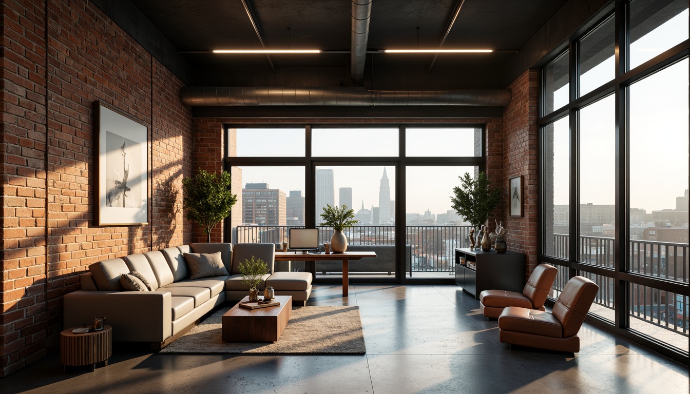 Prompt: Industrial-chic loft interior, high-tech gadgets, exposed brick walls, metal beams, polished concrete floors, minimalist decor, modern LED lighting, sleek glass partitions, open-plan living area, spacious atmosphere, urban landscape views, cityscape panorama, warm afternoon sunlight, shallow depth of field, 1/1 composition, realistic metallic textures, ambient occlusion.