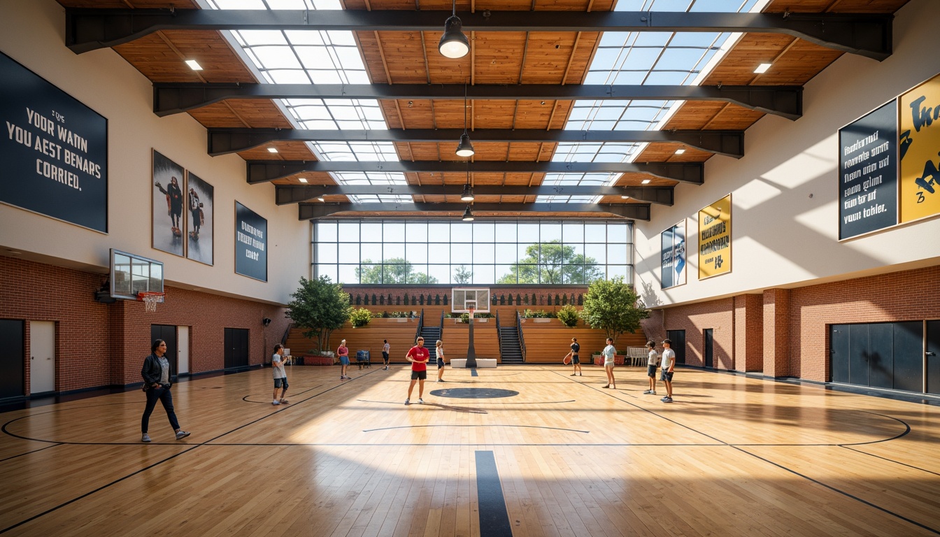 Prompt: Modern gymnasium interior, high ceilings, polished wooden floors, athletic equipment, basketball hoops, volleyball nets, bleachers, motivational quotes, natural light, large windows, skylights, open spaces, dynamic lighting, soft shadows, 3/4 composition, realistic textures, ambient occlusion, sporty atmosphere, energetic vibe, warm colors, athletic tracks, fitness machines, exercise mats, trophy displays, school logos, inspirational murals.