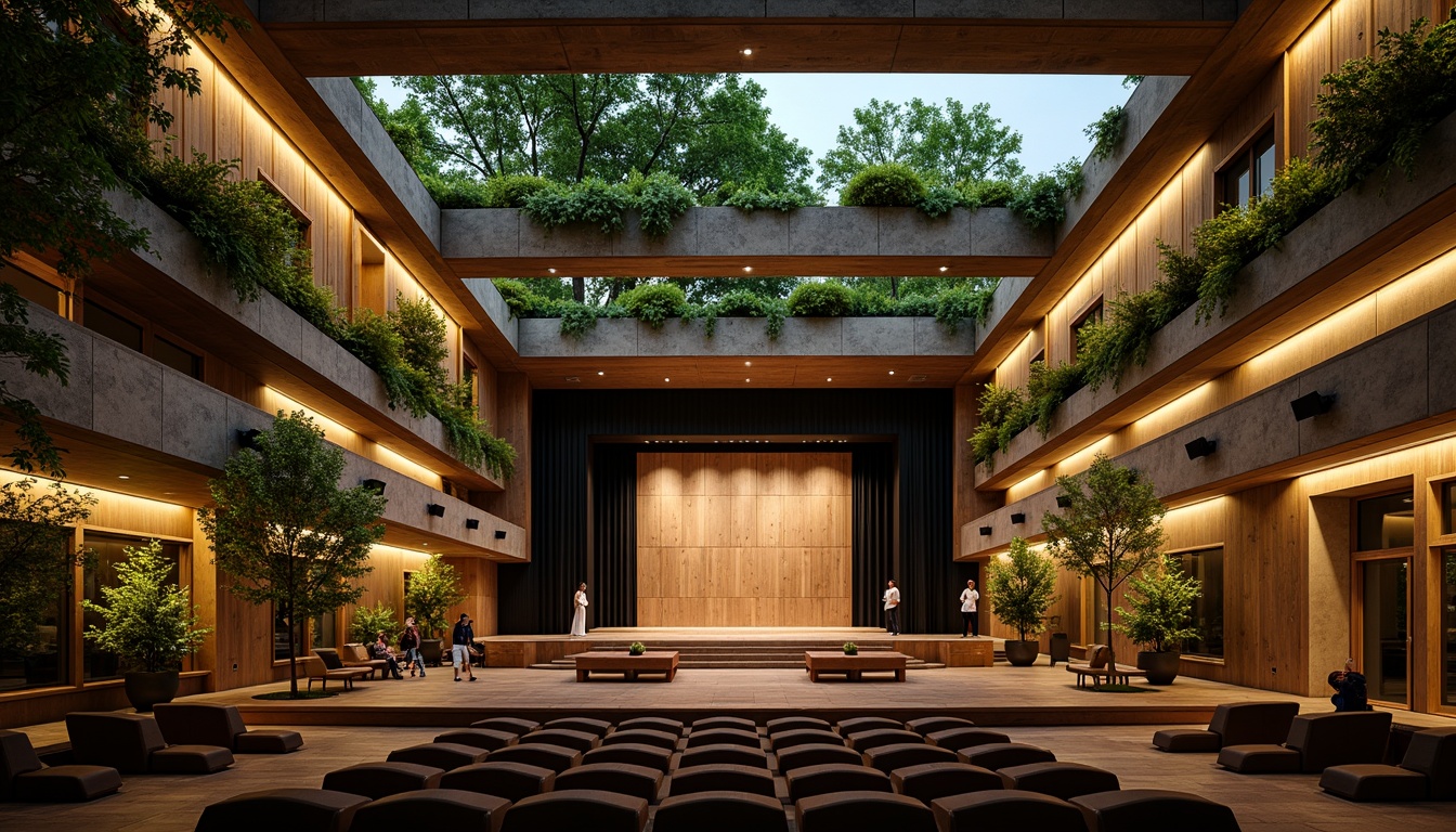 Prompt: Elegant theater, lush green roofs, living walls, natural ventilation, recycled materials, low-carbon concrete, FSC-certified wood, energy-efficient systems, solar panels, rainwater harvesting, grey water reuse, organic waste management, minimal waste generation, non-toxic paints, eco-friendly upholstery, sustainable textiles, reclaimed wood accents, bamboo flooring, LED stage lighting, soft warm illumination, 3/4 composition, cinematic view, realistic textures, ambient occlusion.