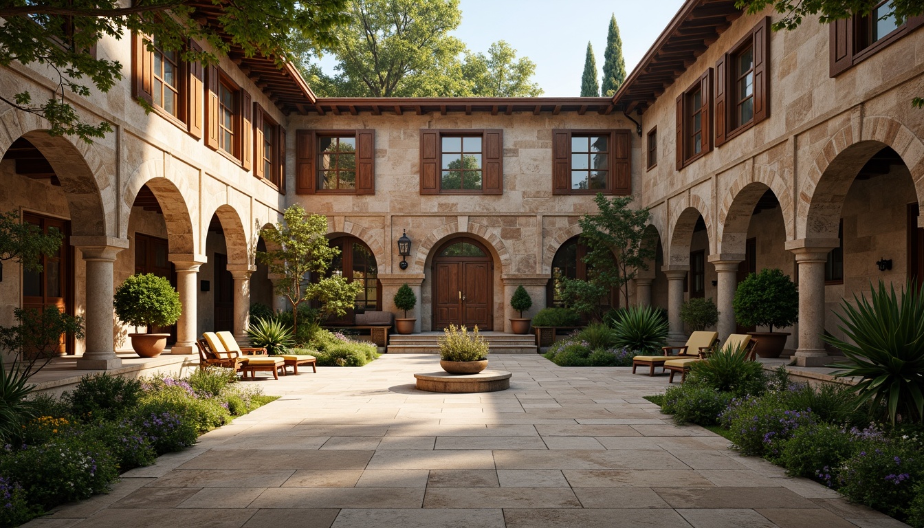 Prompt: Serene monastery courtyard, natural stone walls, rustic wooden doors, stained glass windows, grand vaulted ceilings, ornate frescoes, peaceful cloisters, lush greenery, vibrant flowers, soft warm lighting, shallow depth of field, 3/4 composition, panoramic view, realistic textures, ambient occlusion, Gothic architecture, Romanesque arches, Renaissance-inspired design, earthy color palette, subtle shadowing, misty morning atmosphere.