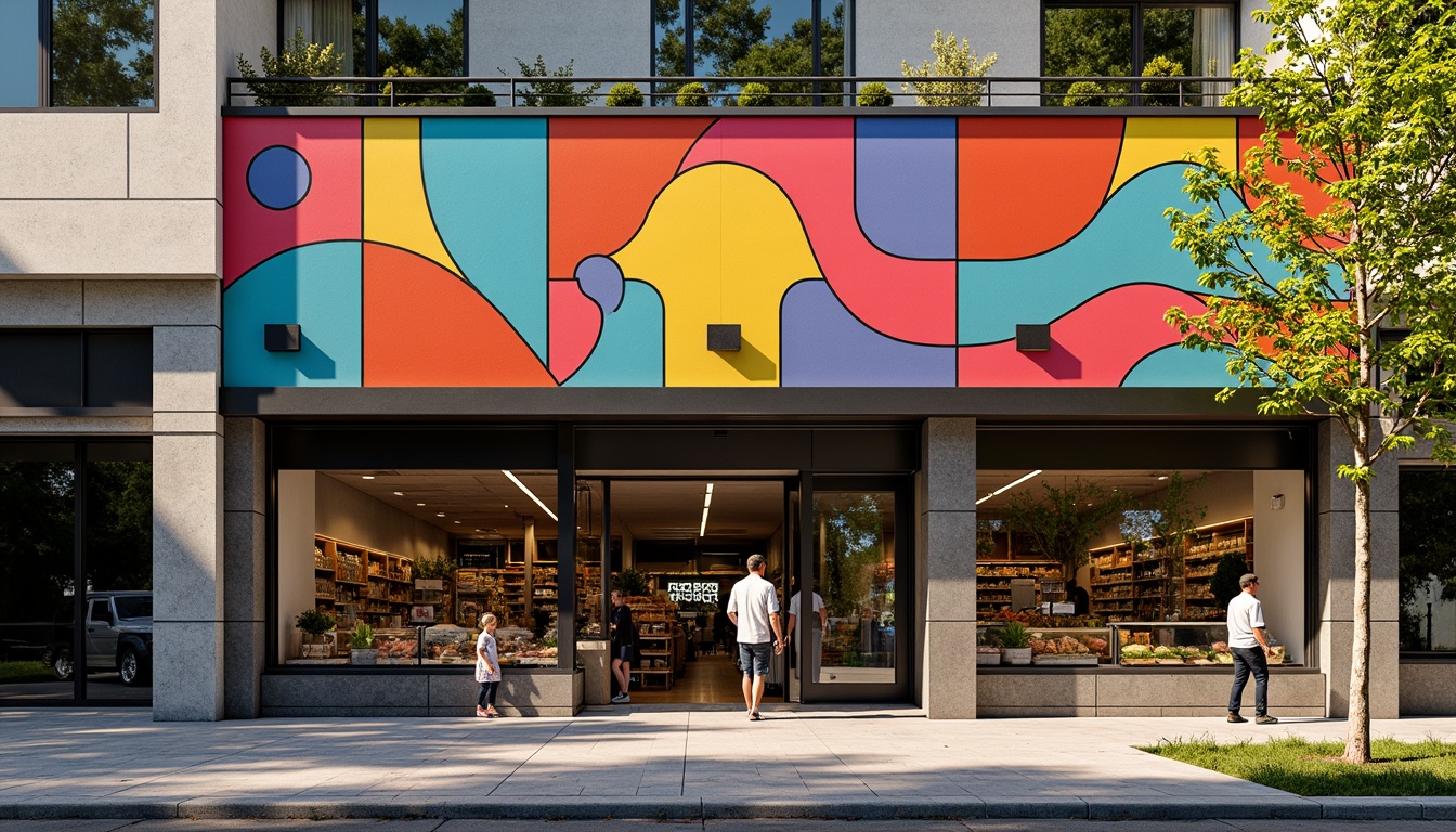 Prompt: Vibrant grocery store facade, Expressionist style, bold colorful patterns, geometric shapes, abstract forms, dynamic angular lines, asymmetrical composition, contrasting textures, rough concrete walls, smooth glass surfaces, metal accents, neon signs, playful typography, eclectic material mix, urban cityscape, busy streets, afternoon sunlight, dramatic shadows, 3/4 camera angle, shallow depth of field, realistic reflections.Please let me know if this meets your requirements!