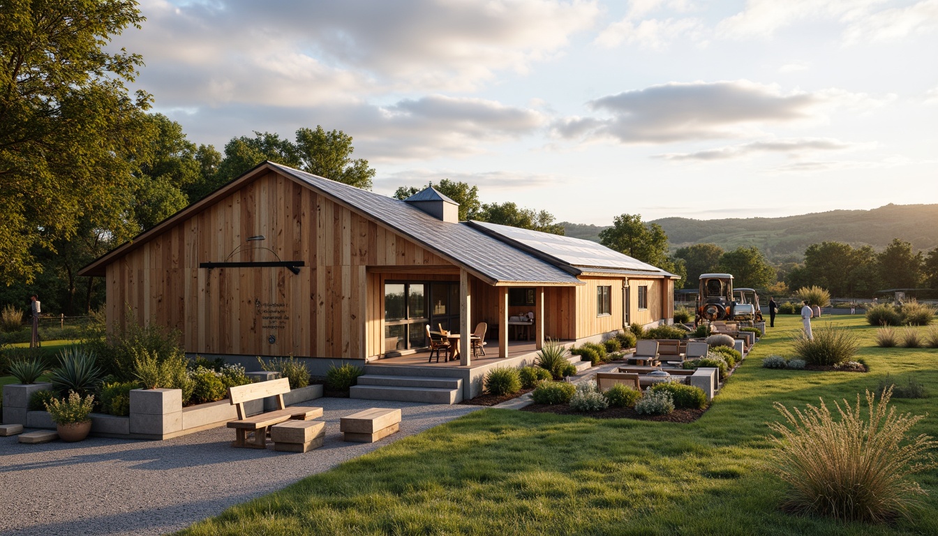 Prompt: Rustic barn, reclaimed wood accents, earthy color palette, natural stone foundations, green roofs, solar panels, rainwater harvesting systems, organic gardens, educational signage, wooden benches, vintage farm equipment, rural landscape, rolling hills, cloudy sky, soft warm lighting, shallow depth of field, 1/1 composition, realistic textures, ambient occlusion.