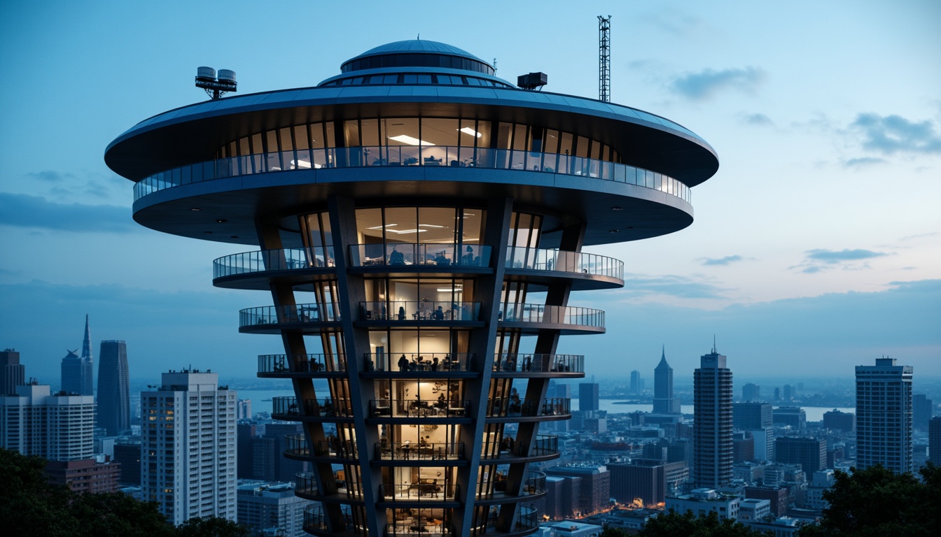 Prompt: Futuristic watchtower, sleek metal framework, cantilevered floors, angular lines, minimalist design, modernist architecture, concrete pillars, steel beams, glass elevators, LED lighting, futuristic control rooms, radar systems, satellite dishes, observation decks, panoramic views, urban cityscape, blue skies, dramatic shadows, high contrast lighting, cinematic atmosphere, 3/4 composition, shallow depth of field.