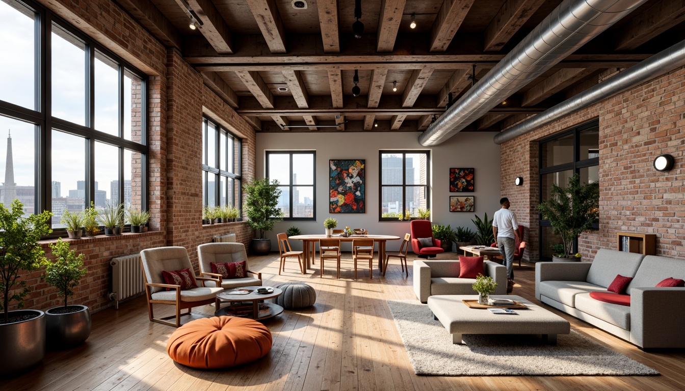 Prompt: Industrial-chic loft interior, exposed brick walls, metal beams, reclaimed wood flooring, eclectic furniture pieces, vibrant color accents, abstract artwork, floor-to-ceiling windows, natural light pouring in, urban cityscape views, minimalist decor, sleek lines, functional layout, cozy reading nooks, warm ambient lighting, soft textiles, plush throw pillows, geometric patterns, bold graphic prints.