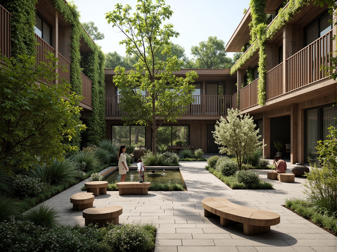 Prompt: Harmonious courtyard, lush green walls, living roofs, natural stone facades, wooden accents, organic shapes, curvaceous lines, earthy color palette, seamless transitions, indoor-outdoor connections, abundant natural light, soft diffused lighting, 3/4 composition, asymmetrical balance, vibrant flora, serene water features, rustic benches, reclaimed wood furniture, eco-friendly materials, sustainable building practices, minimal environmental impact.