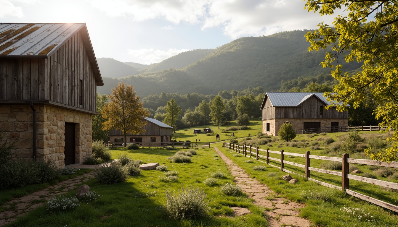 Prompt: Earthy rural landscape, rustic barns, wooden fences, lush green pastures, rolling hills, serene countryside, warm beige stones, weathered wood textures, natural earth tones, moss-covered roofs, vintage metal accents, soft warm lighting, shallow depth of field, 3/4 composition, panoramic view, realistic textures, ambient occlusion.