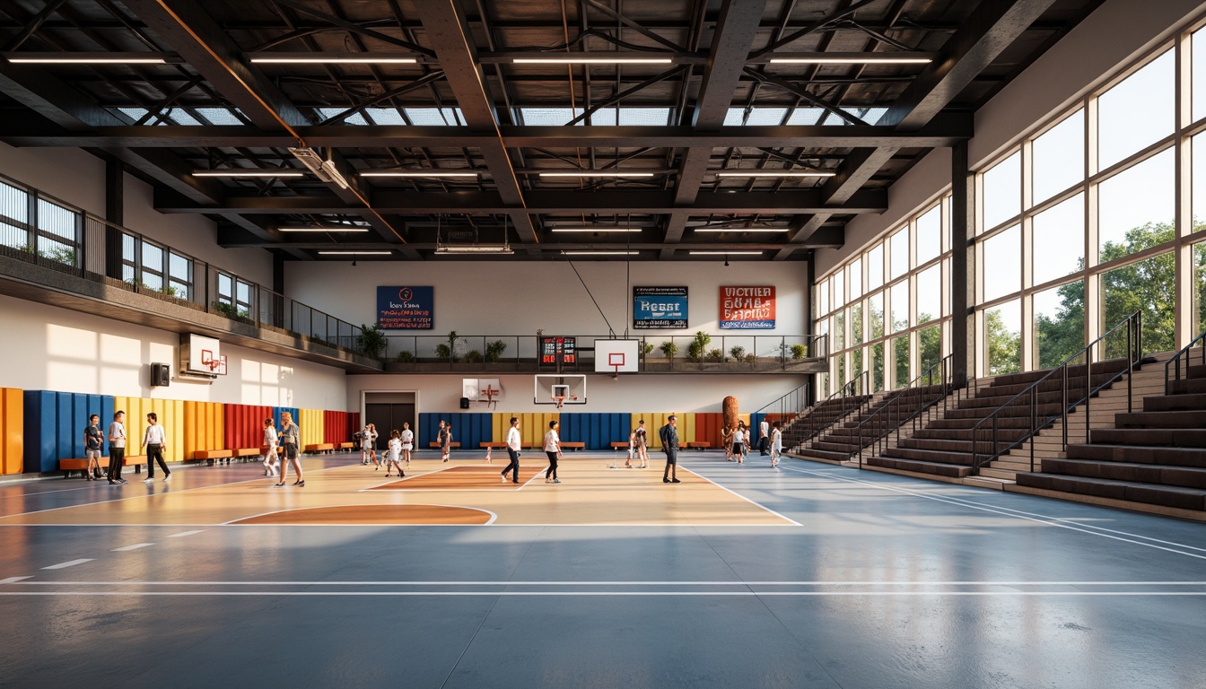 Prompt: Modern gymnasium interior, sports equipment, rubber flooring, wall pads, athletic tracks, basketball hoops, volleyball nets, scoreboards, LED lighting, sound systems, bleacher seating, team logos, motivational quotes, colorful lockers, shower facilities, changing rooms, towel dispensers, anti-slip coatings, shock-absorbing surfaces, acoustic panels, suspended ceilings, natural ventilation, abundant daylight, 1/2 composition, warm color palette, realistic textures, subtle shading.