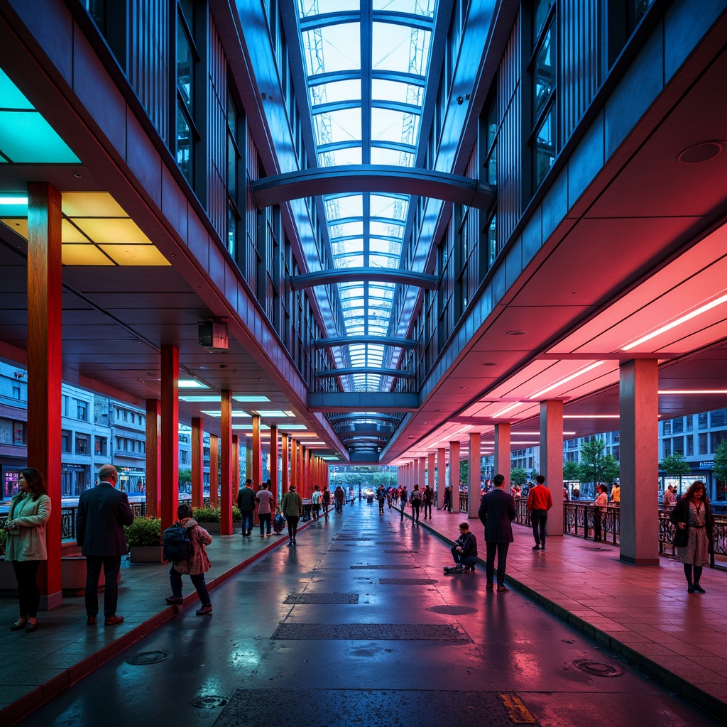 Prompt: Vibrant bus station, bold geometric forms, dynamic curves, expressive lines, bright neon lights, futuristic architecture, sweeping arches, angular columns, metallic materials, industrial textures, urban landscape, bustling atmosphere, evening twilight, warm artificial lighting, shallow depth of field, 2/3 composition, cinematic view, dramatic shadows, intricate details.