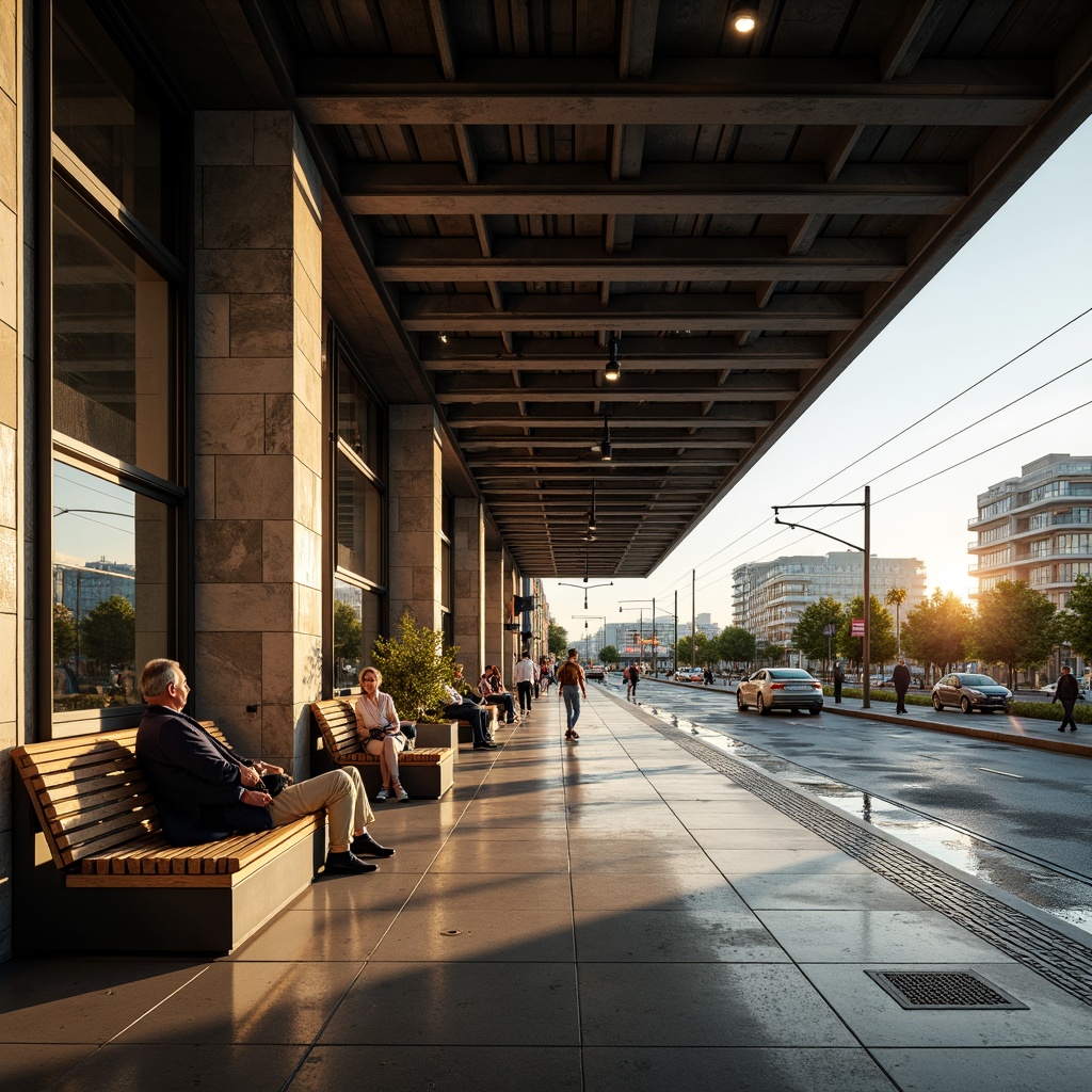 Prompt: Contemporary tram station, industrial chic aesthetic, exposed steel beams, polished concrete floors, minimalist lighting fixtures, sleek glass facades, natural stone accents, wooden benches, urban landscape views, bustling city atmosphere, morning commute rush, warm golden lighting, shallow depth of field, 2/3 composition, dynamic angular lines, realistic metallic textures, ambient occlusion.