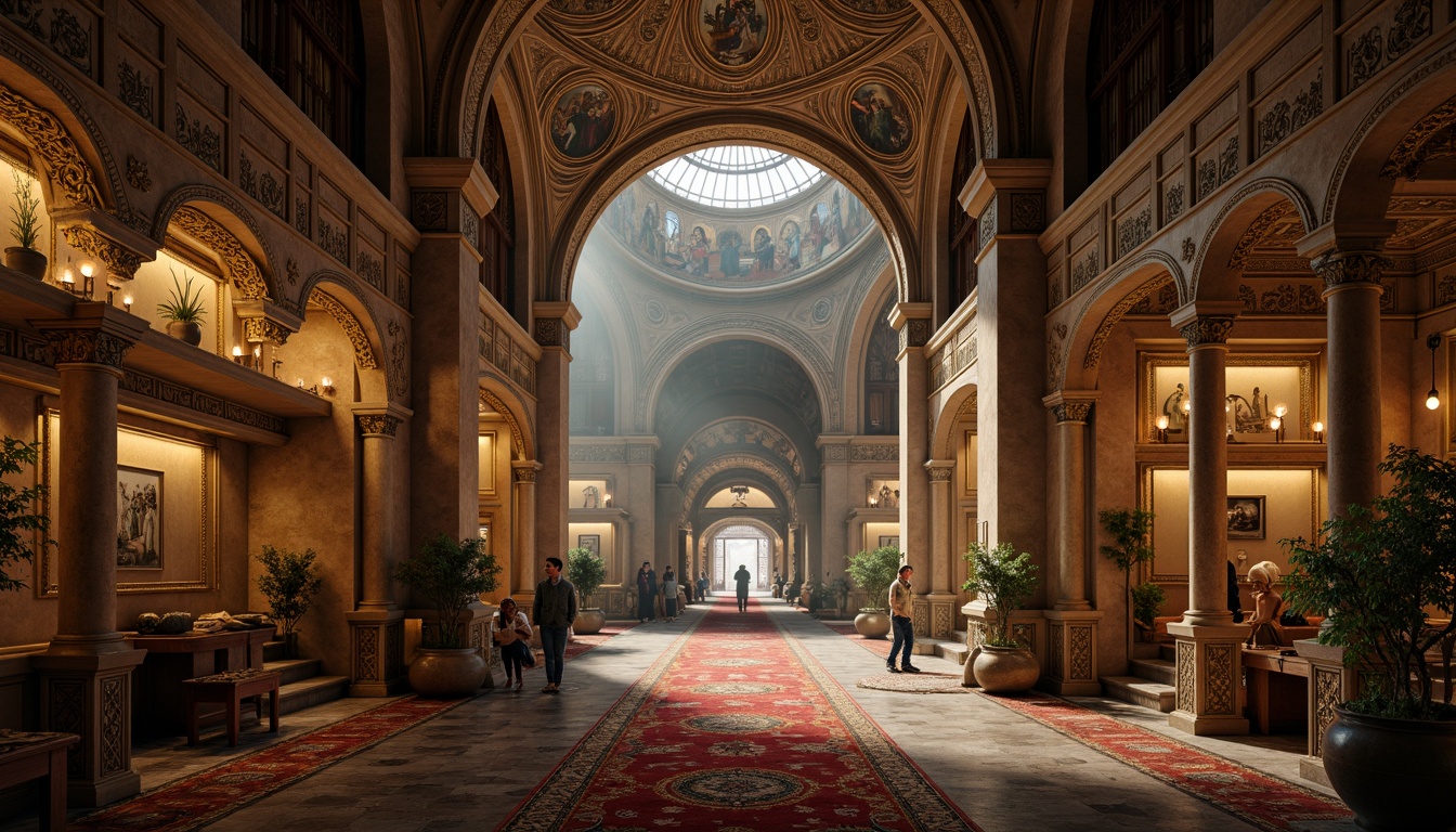 Prompt: Intricate arches, ornate carvings, golden mosaics, rustic stone walls, domed ceilings, grandiose entrances, symmetrical facades, ornamental columns, lavish frescoes, richly patterned textiles, warm candlelight, mystical ambiance, atmospheric fog, shallow depth of field, 1/2 composition, wide-angle lens, realistic textures, ambient occlusion.