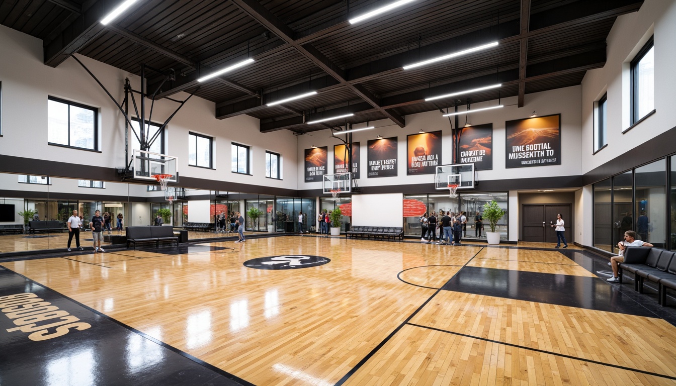 Prompt: Modern gymnasium interior, polished wood flooring, sporty color schemes, motivational quotes, athletic equipment displays, mirrored walls, high ceilings, natural daylight, suspended LED lighting, acoustic panels, sound-absorbing materials, rubberized flooring, basketball court markings, sports-inspired artwork, dynamic seating areas, flexible layout designs, minimal ornamentation, functional storage spaces, durable finishes, easy maintenance materials.