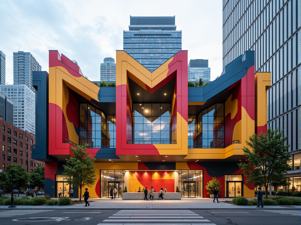 Prompt: Vibrant gymnasium facade, dynamic angular lines, bold geometric shapes, bright color blocking, abstract expressionist patterns, textured concrete walls, metallic accents, asymmetrical compositions, dramatic shading, high-contrast lighting, industrial-style signage, urban cityscape background, overcast sky with soft warm light, 1/2 composition, shallow depth of field, realistic materials, ambient occlusion.