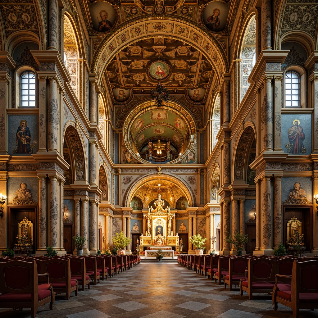 Prompt: Golden mosaics, intricate tilework, ornate patterns, lavish decorations, rich textures, Byzantine architectural style, grand cathedrals, majestic domes, vibrant colors, shimmering gold accents, sacred icons, holy relics, ornate altarpieces, solemn ambiance, warm soft lighting, shallow depth of field, 1/1 composition, realistic renderings, ambient occlusion.