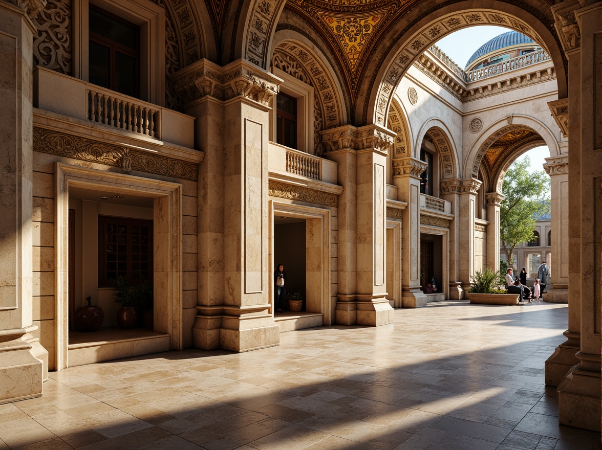 Prompt: Intricate stone carvings, ornate arches, grand domes, golden mosaics, vibrant frescoes, rustic brick walls, weathered limestone fa\u00e7ade, ornamental columns, intricately patterned capitals, richly textured stucco, warm earthy tones, soft afternoon lighting, shallow depth of field, 1/2 composition, realistic textures, ambient occlusion.