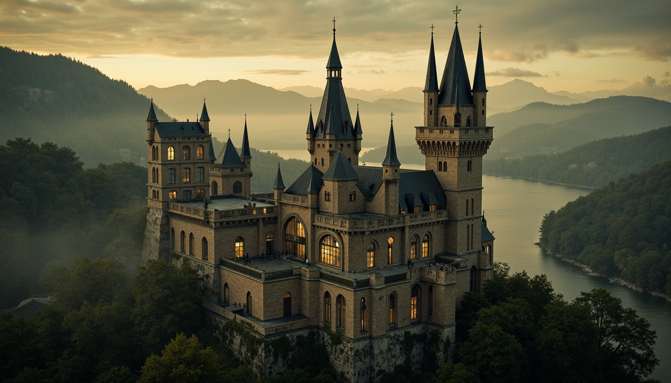 Prompt: Mysterious medieval castle, rugged stone walls, towering spires, grand halls, stained glass windows, ornate furnishings, mystical atmosphere, eerie fog, misty mountains, ancient forests, winding rivers, dramatic skies, warm golden lighting, soft focus, shallow depth of field, 2/3 composition, symmetrical framing, rich textures, ambient occlusion.