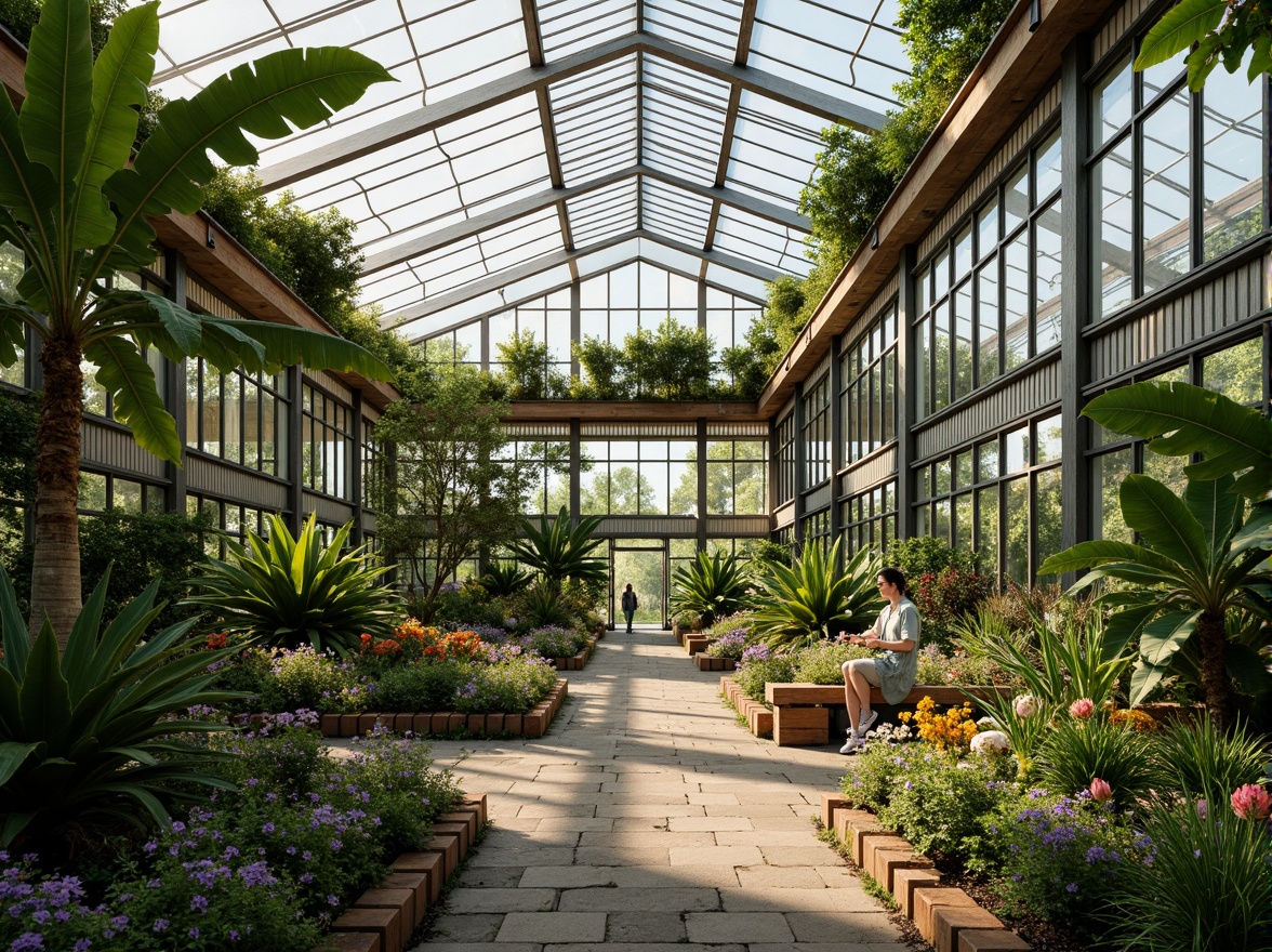 Prompt: Tropical greenhouse interior, lush vegetation, exotic flowers, natural stone pathways, wooden planters, misting systems, climate control, solar-powered ventilation, abundant natural lighting, skylights, clerestory windows, transparent roofing, warm sunlight, soft diffused light, 1/1 composition, shallow depth of field, realistic textures, ambient occlusion.