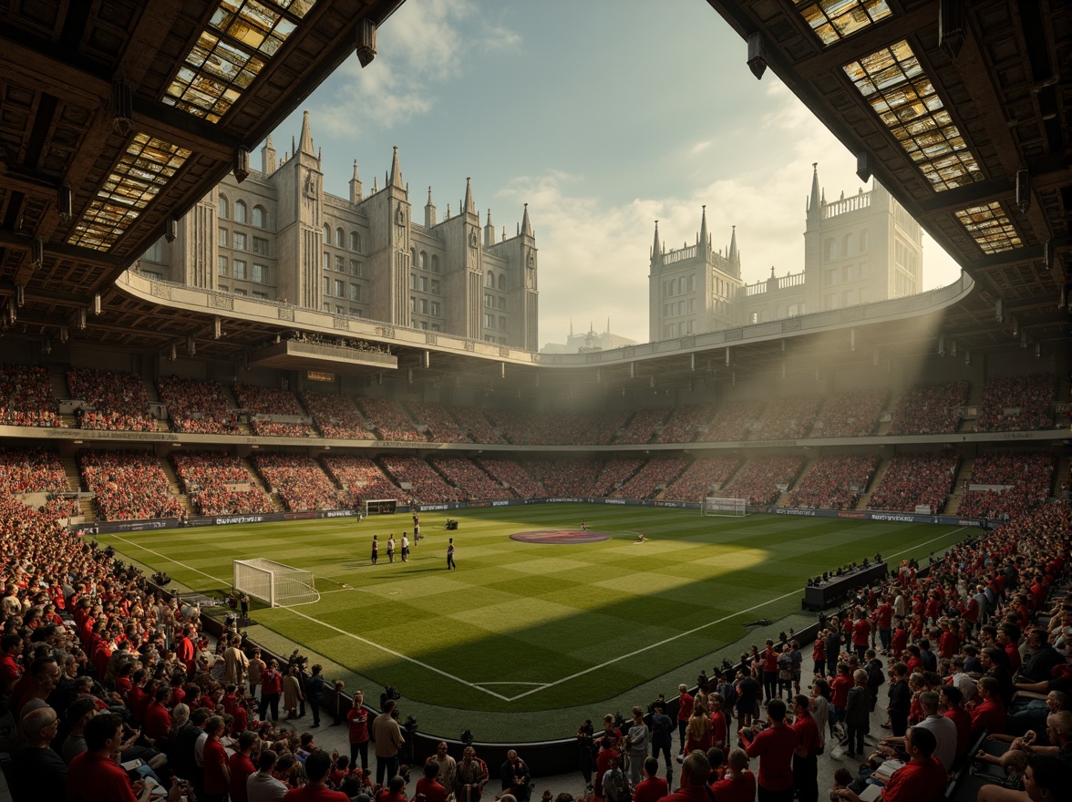 Prompt: Grandiose soccer stadium, intricately carved stone facades, pointed arches, ribbed vaults, flying buttresses, stained glass windows, ornate gargoyles, dramatic spires, mystical ambiance, atmospheric fog, warm golden lighting, high-contrast shadows, 1/2 composition, symmetrical architecture, richly textured stone walls, vibrant team colors, medieval-inspired grandstands, ornamental metalwork, mysterious nighttime scene, cinematic mood, dramatic spotlights.