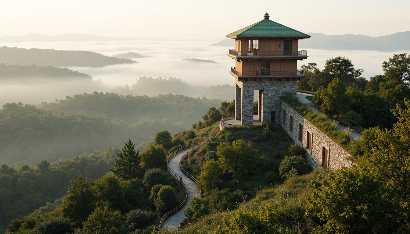 Prompt: Panoramic watching tower, harmonious landscape integration, natural stone foundation, wooden accents, green roofs, surrounding hillside, lush vegetation, winding pathways, scenic overlooks, panoramic views, soft warm lighting, misty atmosphere, 1/1 composition, shallow depth of field, realistic textures, ambient occlusion.