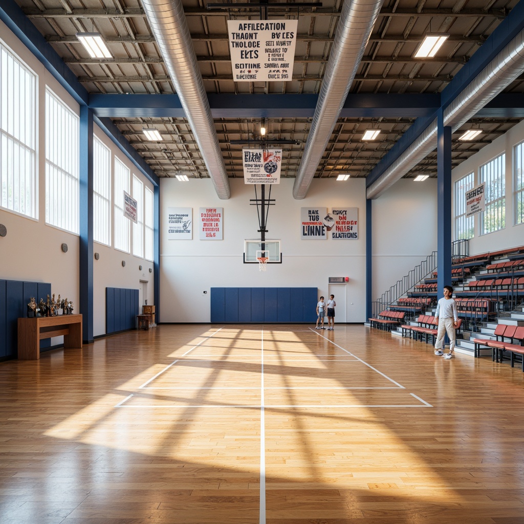 Prompt: Modern gymnasium interior, open-plan layout, polished wooden floors, basketball hoops, sports equipment, bleacher seating, large windows, natural light, high ceilings, airy atmosphere, vibrant color accents, motivational quotes, athletic trophies, dynamic lighting, shallow depth of field, 1/1 composition, realistic textures, ambient occlusion.