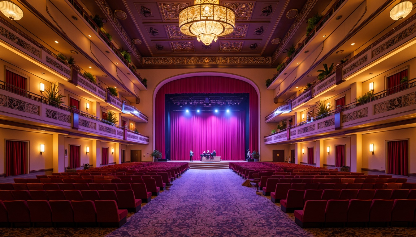 Prompt: Vibrant concert hall, luxurious velvet curtains, rich wood tones, metallic accents, bold stage lighting, deep red seats, ornate golden details, dramatic high ceilings, grand chandeliers, plush carpeting, sophisticated color scheme, warm beige walls, cool grey floors, energetic purple highlights, spotlights, soft warm glow, shallow depth of field, 1/1 composition, realistic textures, ambient occlusion.