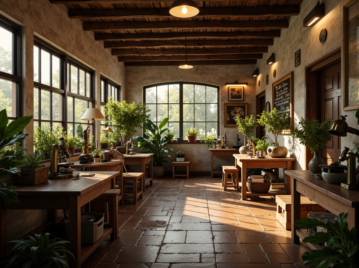 Prompt: Rustic laboratory interior, warm natural light, wooden tables, antique scientific equipment, vintage microscopes, distressed stone walls, earthy tones, lush greenery, potted plants, softbox lighting, warm color temperature, shallow depth of field, 1/2 composition, realistic textures, ambient occlusion, romantic ambiance, nostalgic atmosphere, subtle shadows, creamy highlights.