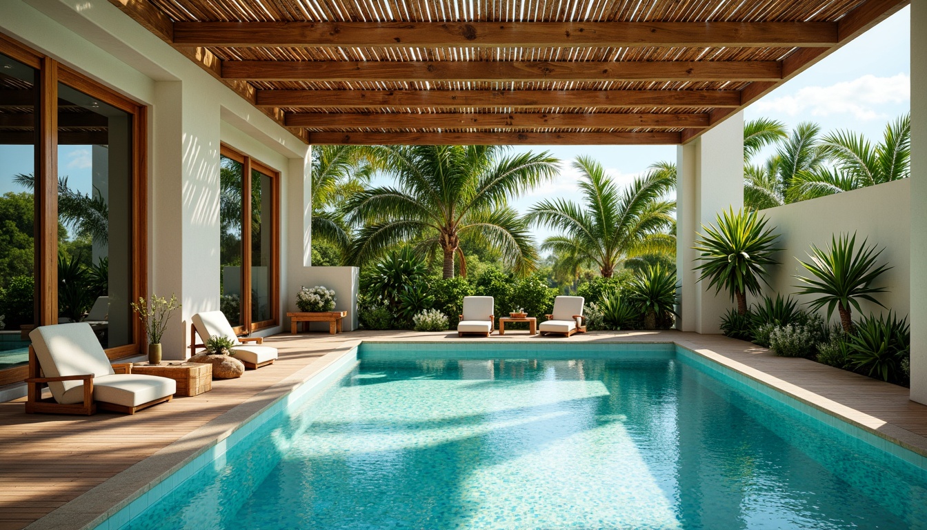 Prompt: Tropical swimming pool, natural ventilation system, wooden lattice ceiling, large clerestory windows, sliding glass doors, ocean-inspired color scheme, coral-patterned tiles, saltwater-resistant materials, lush greenery, palm trees, sunny day, soft warm lighting, 1/1 composition, shallow depth of field, realistic water reflections, ambient occlusion.