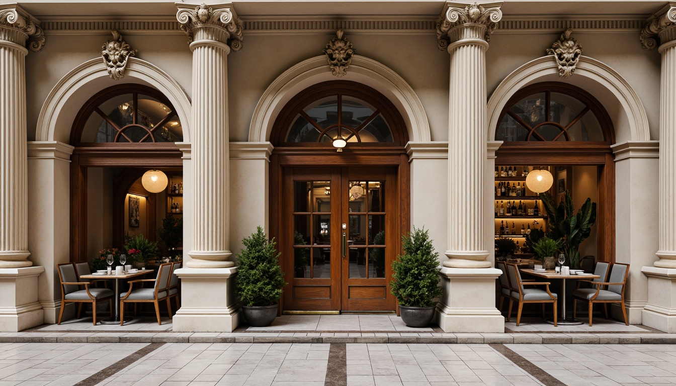 Prompt: Ornate restaurant facade, neoclassical columns, carved stone details, grand entrance, symmetrical composition, arched windows, ornamental railings, bronze door handles, marble flooring, cream-colored walls, soft warm lighting, shallow depth of field, 3/4 composition, panoramic view, realistic textures, ambient occlusion.