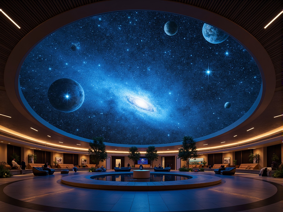 Prompt: Dome-shaped planetarium, futuristic astronomy theme, starry night sky, celestial bodies projection, circular seating arrangement, ambient dark lighting, minimalist decor, sleek metal roofing, curved lines, geometric patterns, iridescent colors, glowing accents, LED lights installation, 360-degree panoramic view, shallow depth of field, realistic textures, soft warm glow, atmospheric misting system.