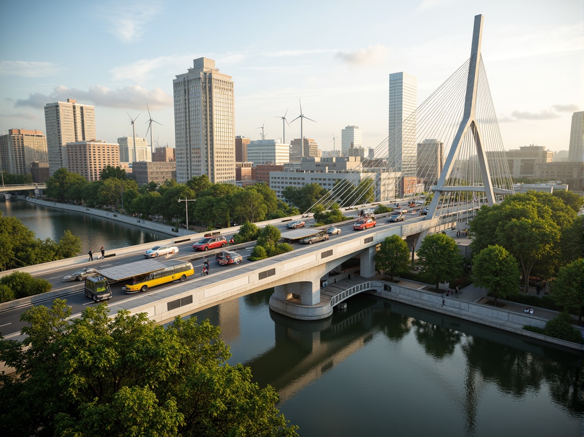 Prompt: Eco-friendly vehicular bridge, lush greenery, solar panels, wind turbines, recycled steel structures, energy-harvesting roads, low-carbon emissions, aerodynamic design, sleek modern architecture, cantilevered sections, cable-stayed systems, pedestrian walkways, LED lighting, misting systems, urban landscape, city skyline, sunny day, soft warm lighting, shallow depth of field, 3/4 composition, panoramic view, realistic textures, ambient occlusion.