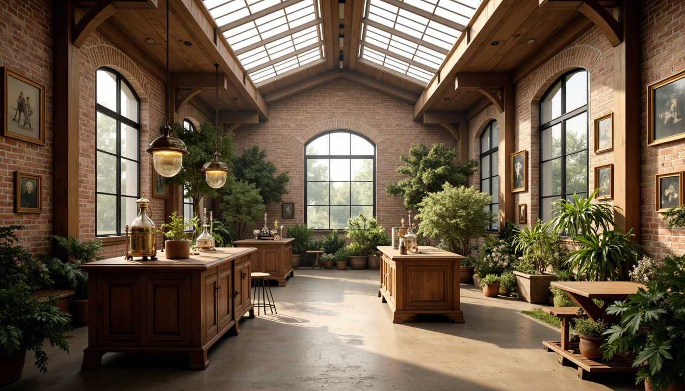 Prompt: Whimsical laboratory interior, soft natural light, warm wooden accents, lush greenery, distressed brick walls, rustic metal equipment, vintage scientific instruments, ornate glassware, antique furniture, romantic ambiance, warm beige tones, earthy textures, organic shapes, elegant archways, high ceilings, large skylights, clerestory windows, indirect lighting, soft shadows, 1/1 composition, realistic renderings, subtle color grading.