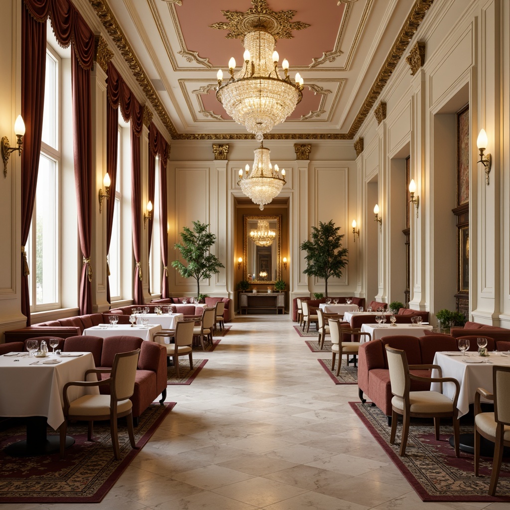 Prompt: Elegant neoclassical restaurant, high ceilings, ornate moldings, crystal chandeliers, marble floors, rich wood paneling, velvet drapes, golden accents, luxurious upholstery, intricate carvings, subtle patterned rugs, cream-colored walls, refined decorative mirrors, classic columns, soft warm lighting, shallow depth of field, 1/1 composition, realistic textures, ambient occlusion.