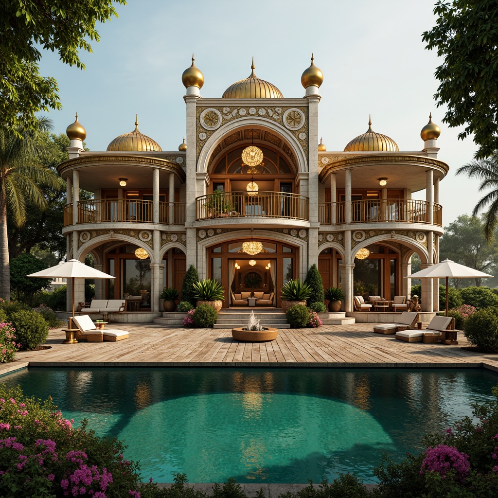 Prompt: Byzantine-inspired boathouse, ornate golden domes, intricately patterned tiles, curved rooflines, turquoise waters, rustic wooden docks, lush greenery, vibrant flowers, majestic stone columns, arched windows, grand entranceways, opulent chandeliers, lavish furnishings, warm golden lighting, soft misty atmosphere, 1/1 composition, symmetrical framing, realistic textures, ambient occlusion.