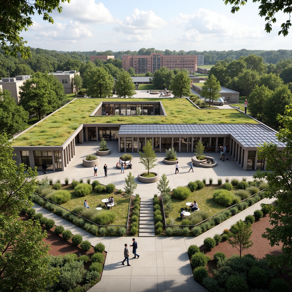 Prompt: Vibrant community center, lush green roofs, solar panels, rainwater harvesting systems, eco-friendly materials, natural ventilation, large windows, clerestory lighting, open floor plans, flexible multipurpose spaces, collaborative workspaces, educational facilities, art studios, amphitheater seating, outdoor public plazas, native plant species, walking trails, bike storage facilities, electric vehicle charging stations, minimal waste management systems, recycled material usage, energy-efficient HVAC systems, soft natural light, shallow depth of field, 1/1 composition, panoramic view, realistic textures, ambient occlusion.