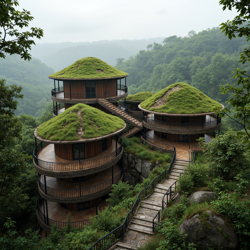 Prompt: Watchtower with lush green roofs, natural stone walls, wooden accents, panoramic views, elevated vantage points, scenic overlooks, winding staircases, rustic metal railings, weathered wood textures, moss-covered stones, serene forest surroundings, misty atmosphere, soft warm lighting, shallow depth of field, 3/4 composition, realistic foliage, ambient occlusion.Please let me know if this meets your requirements!