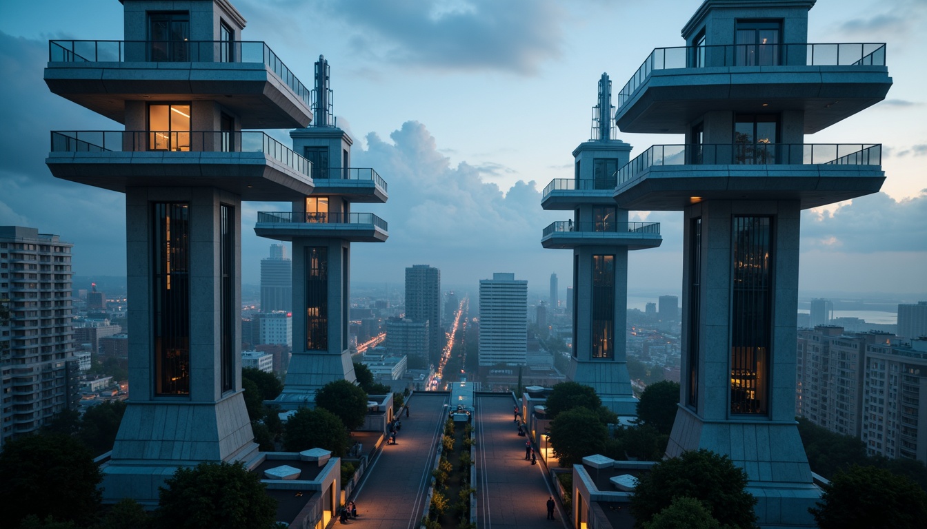 Prompt: Monumental watching towers, sleek modernist architecture, bold monochromatic color scheme, dark grey concrete walls, gleaming silver accents, neon blue nighttime illumination, futuristic observation decks, minimalist railings, urban cityscape background, cloudy sky with subtle sunlight, high contrast dramatic lighting, 1-point perspective composition, atmospheric mist effect, intricate metallic textures, ambient Occlusion.