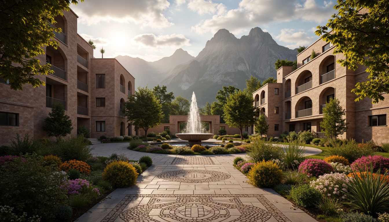 Prompt: Majestic mountainous backdrop, Byzantine-inspired architecture, rustic stone walls, ornate metal gates, grand archways, vibrant floral arrangements, lush greenery, natural water features, serene fountains, meandering stone pathways, intricate mosaic patterns, warm golden lighting, soft misty atmosphere, dramatic cloud formations, 1/2 composition, symmetrical framing, rich textures, ambient occlusion.