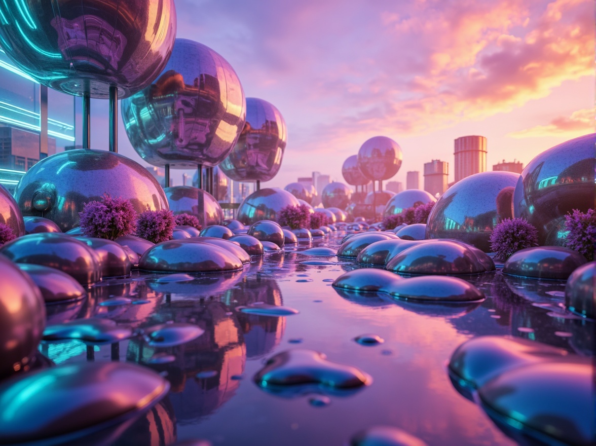 Prompt: Vibrant futuristic blob-like structures, iridescent glazes, neon-lit accents, pastel-hued misty atmosphere, luminous orbs, glossy reflective surfaces, metallic sheens, holographic effects, electric blue undertones, hot pink highlights, acid green gradients, sunset orange hues, deep purple shadows, soft focus, atmospheric perspective, 3/4 composition, low-angle shot, cinematic lighting, high-gloss finish, futuristic urban landscape.