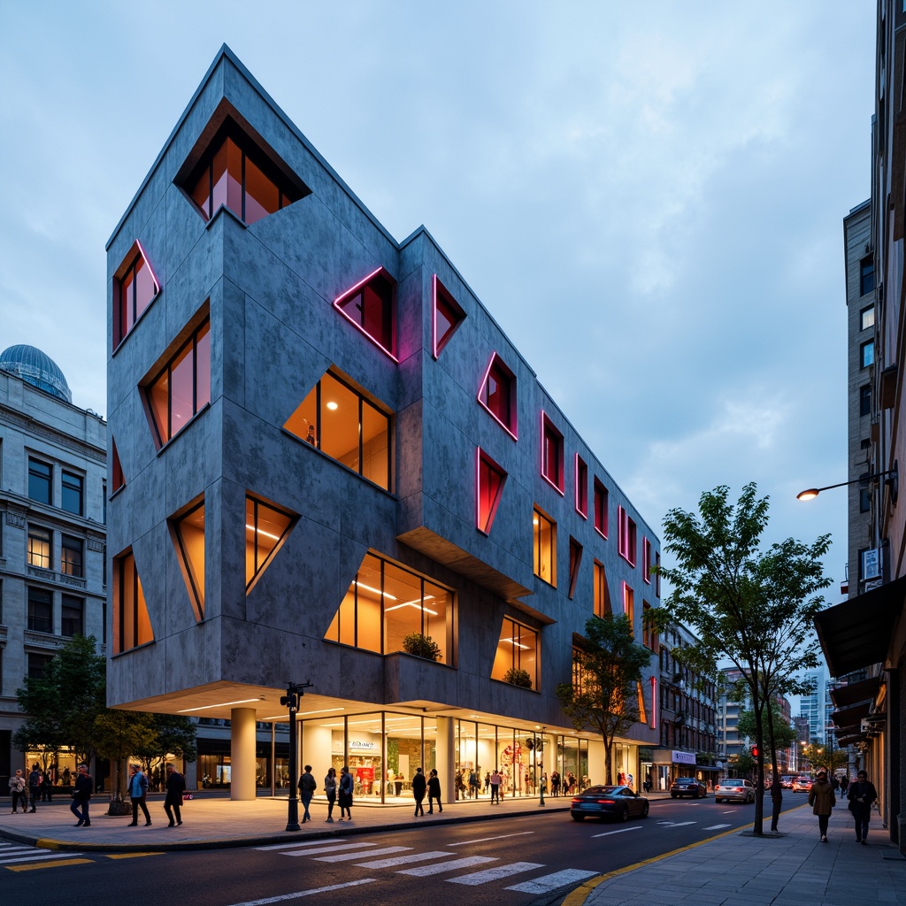 Prompt: Vibrant gymnasium facade, dynamic angular lines, bold geometric shapes, contrasting colors, textured concrete walls, metallic accents, cantilevered rooflines, asymmetrical composition, expressive structural elements, abstract patterns, futuristic LED lighting, urban cityscape, busy street life, morning misty atmosphere, shallow depth of field, 1/1 composition, realistic textures, ambient occlusion.