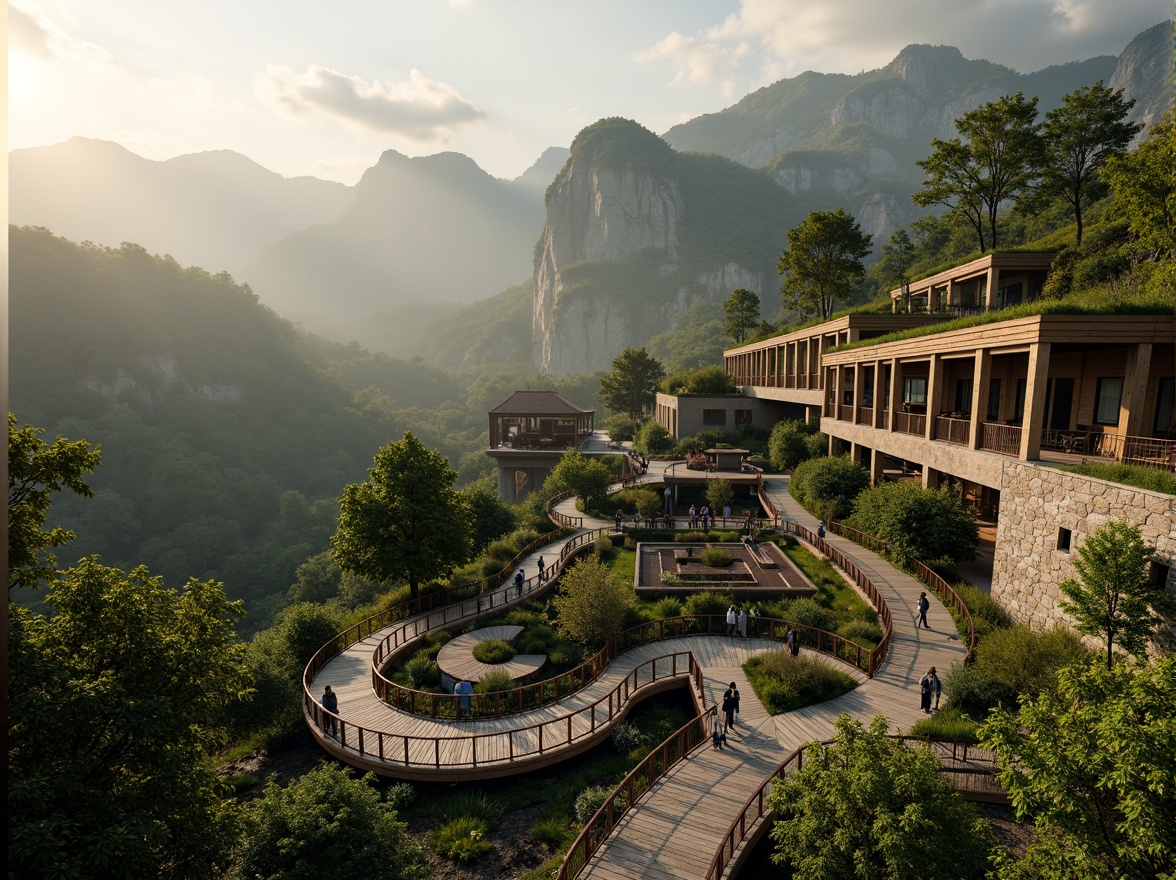 Prompt: Panoramic viewing platform, winding stone stairs, lush green roofs, wooden decking, scenic lookout points, rustic metal railings, natural rock formations, majestic mountain ranges, serene forest surroundings, misty morning atmosphere, warm golden lighting, 1/2 composition, realistic foliage, ambient occlusion, intricate wooden textures, earthy color palette, organic architecture, blended boundaries, seamless integration.