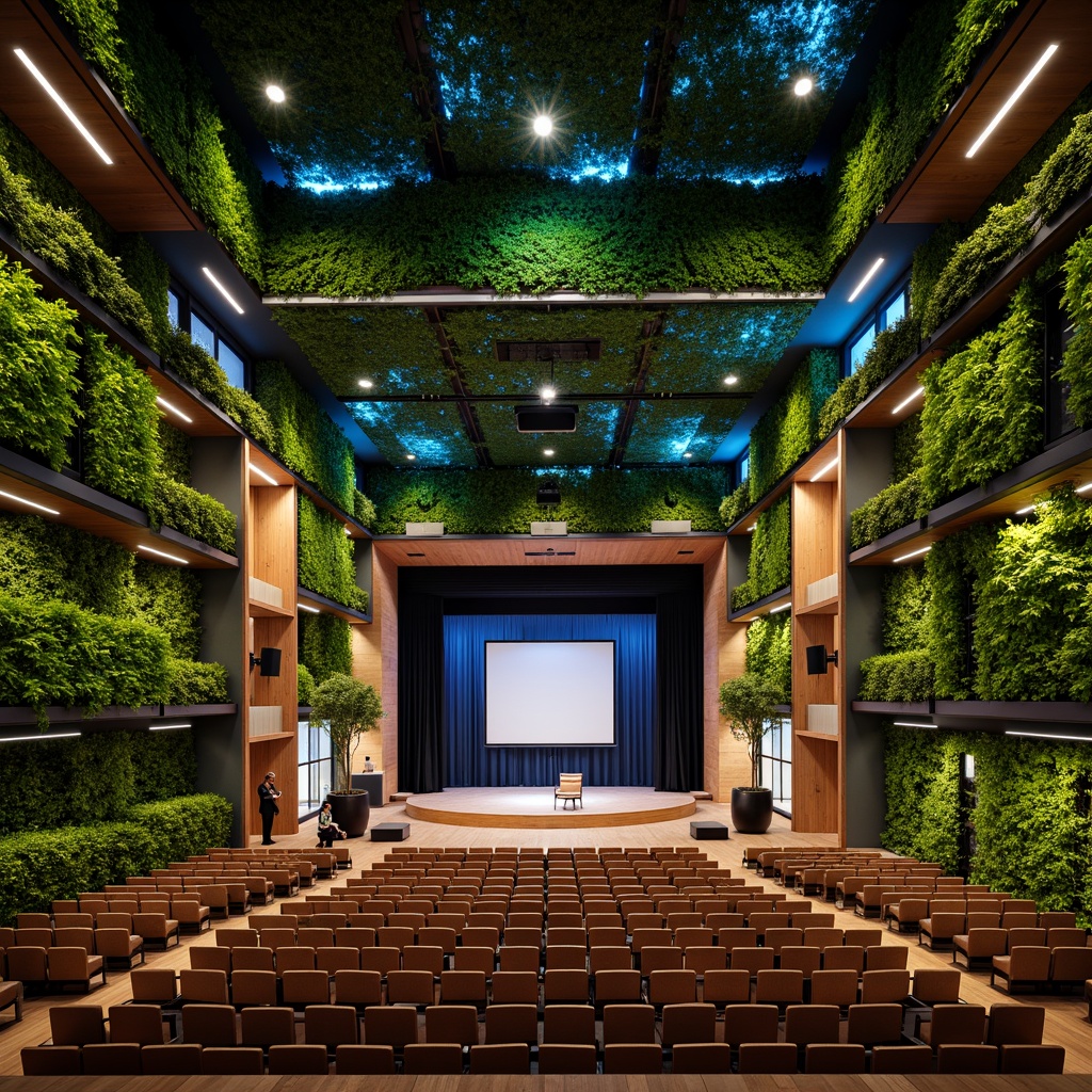 Prompt: Vibrant theater, lush green walls, natural stone flooring, reclaimed wood accents, energy-efficient LED stage lighting, dynamic color-changing ceiling, immersive audiovisual experience, futuristic architectural design, sustainable building materials, eco-friendly textiles, innovative ventilation systems, airy open spaces, minimal waste production, recycling facilities, educational signage, interactive exhibits, collaborative workshop areas, inspirational quotes, stimulating artistic displays, warm ambient lighting, shallow depth of field, 3/4 composition, panoramic view, realistic textures, ambient occlusion.